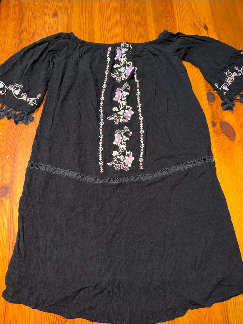 love, Fire Black Boho Blouse with Purple Floral Embroidery